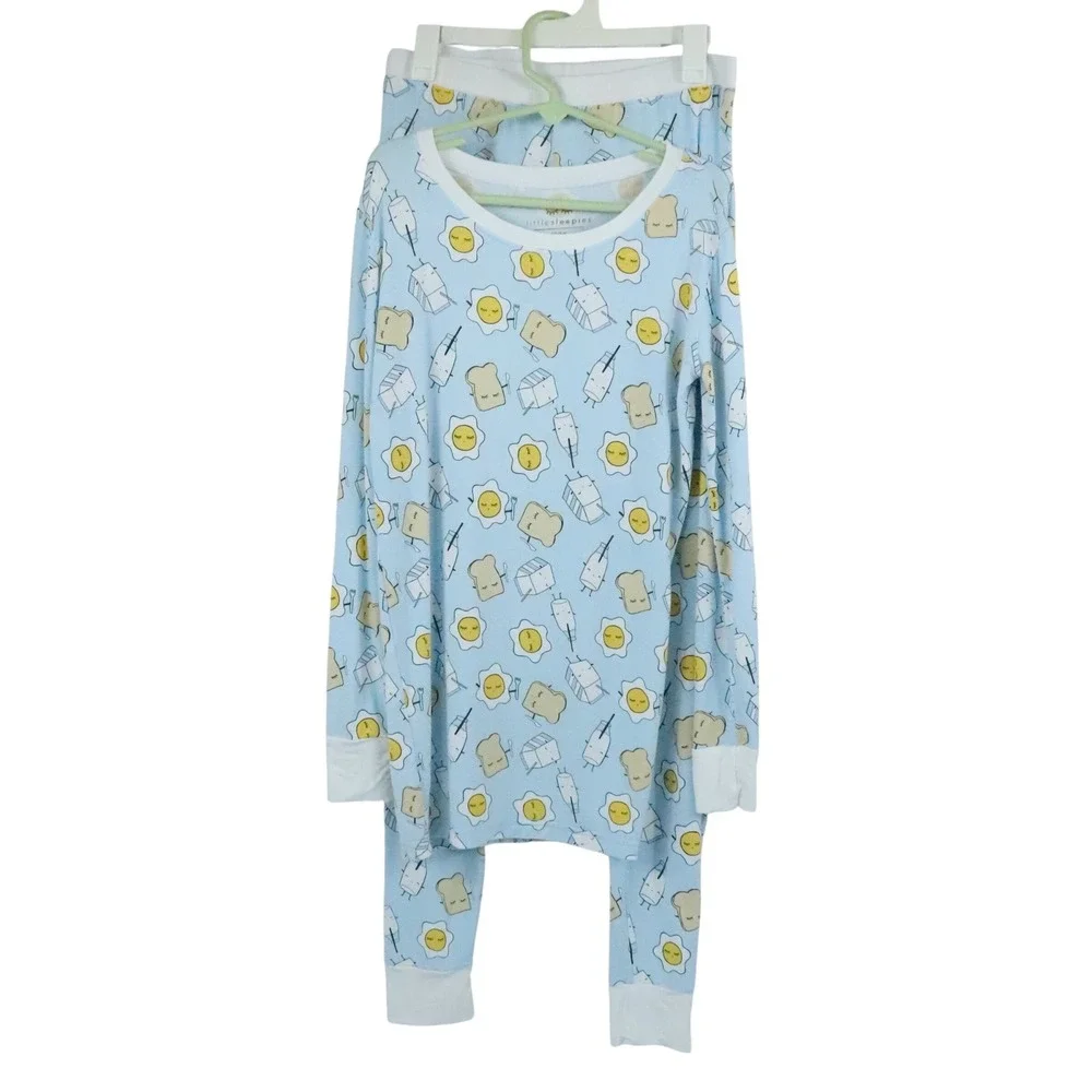 Little Sleepies Blue Breakfast Pajama 2 Piece Bamboo Set Egg Toast Milk Sz 12/14